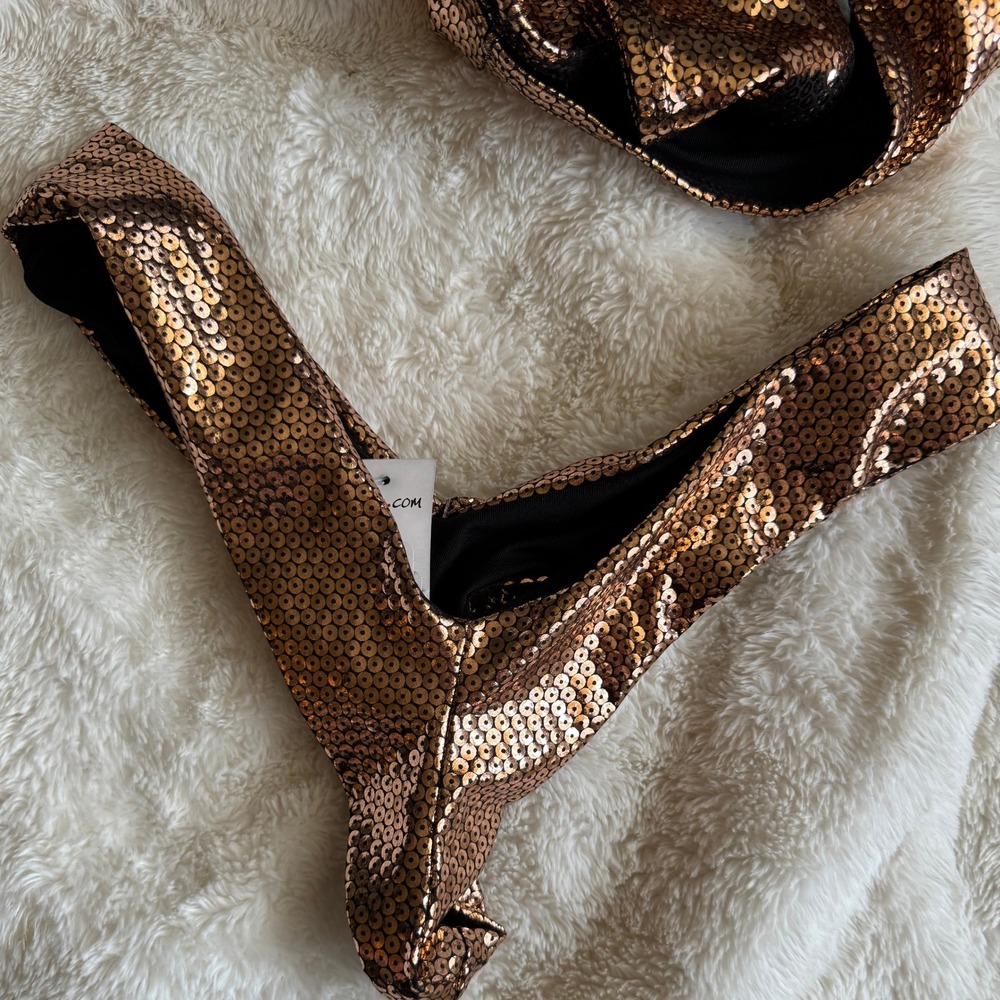 Yandy Bikini Set Women Large Bronze Gold‎ NWOT Sequin Wrap Neck High Cut